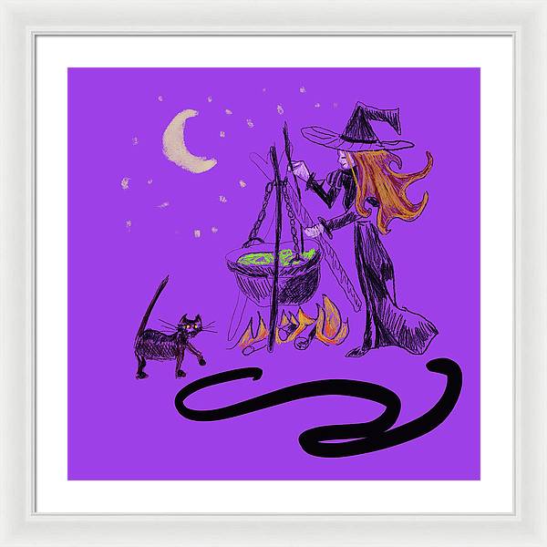 Witch Cat Cauldron - Framed Print