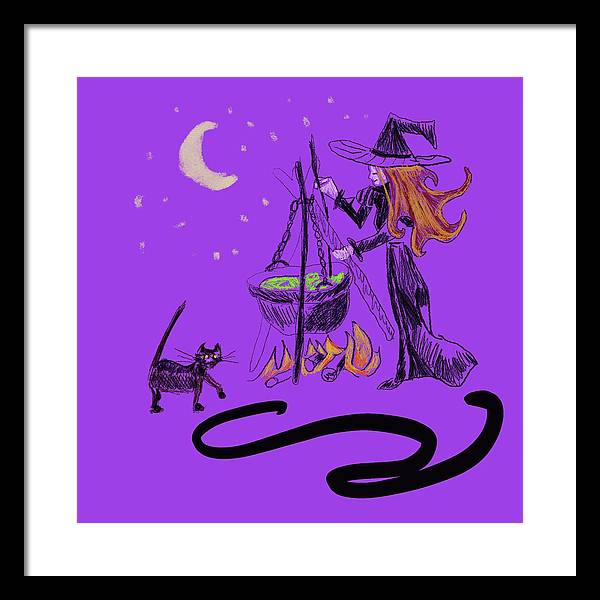 Witch Cat Cauldron - Framed Print