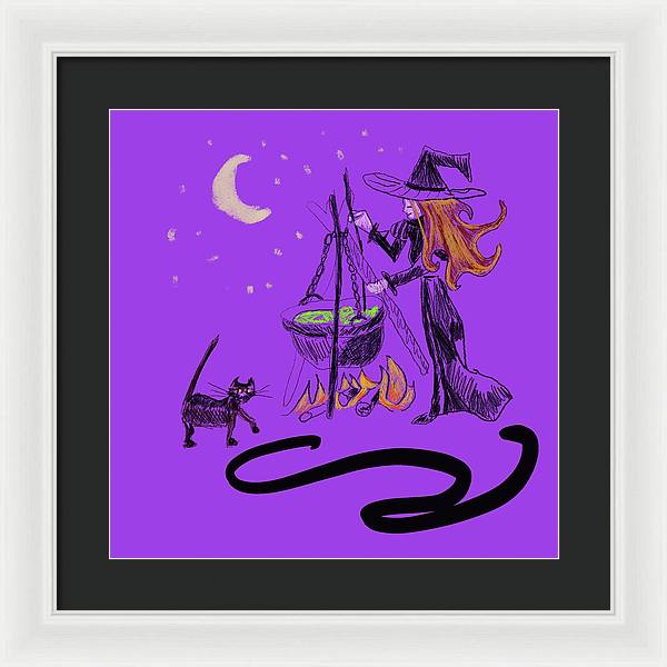 Witch Cat Cauldron - Framed Print