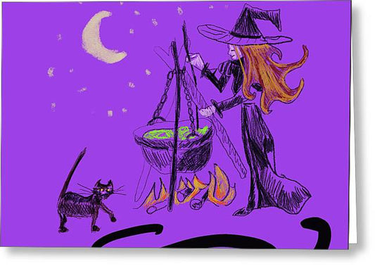 Witch Cat Cauldron - Greeting Card