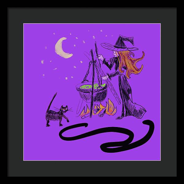 Witch Cat Cauldron - Framed Print