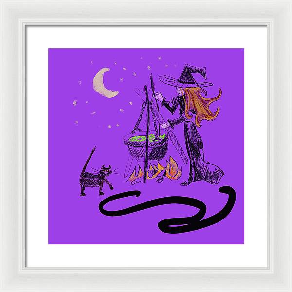 Witch Cat Cauldron - Framed Print