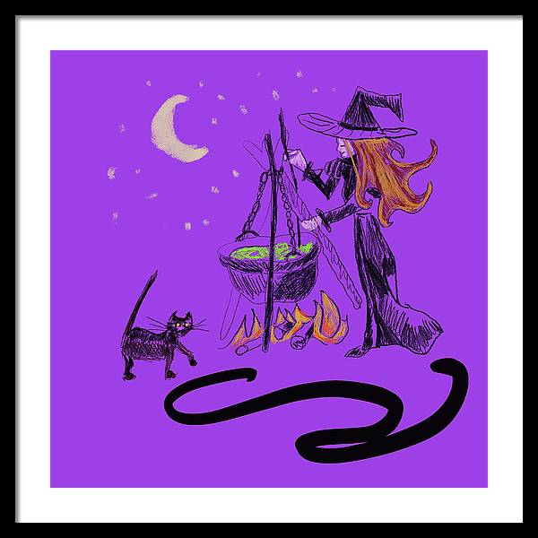 Witch Cat Cauldron - Framed Print